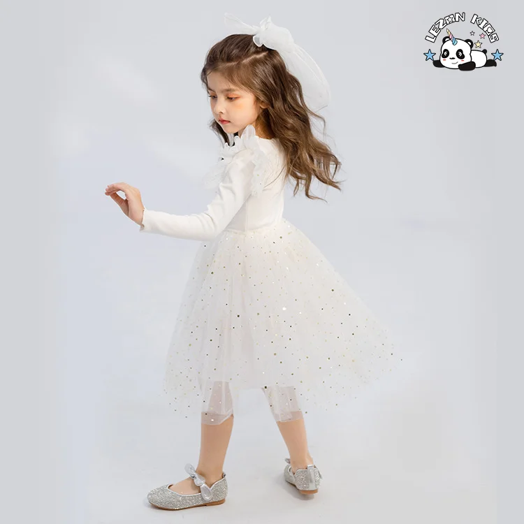 LEZONKIDS - Customizable Chic Ruffle Sleeve Long Sleeves Dress Girls Costume Gold Foil Print Tulle Dress for Girl
